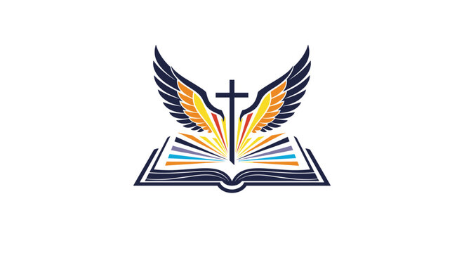 Religious logo featuring a central black cross behind an open Bible with large eagle wings and colorful light rays.