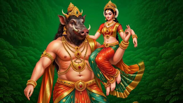 Vishnu s Varaha Avatar with Goddess Bhudevi in a Traditional Artistic Representation for Religious and Cultural Celebrations