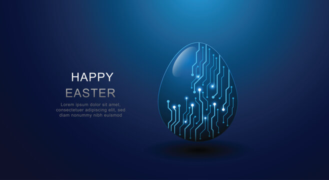 Blue technology Easter egg with glowing circuit board lines on dark background. Modern digital innovation concept for tech celebration design. vector eps10
