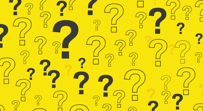 Dynamic background pattern filled with multiple black and yellow question marks of various sizes and styles on a yellow surface.