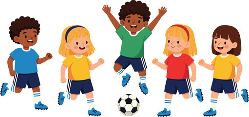 Group of diverse happy children playing soccer together on white background, cute cartoon kids running and jumping with football ball © Saila
