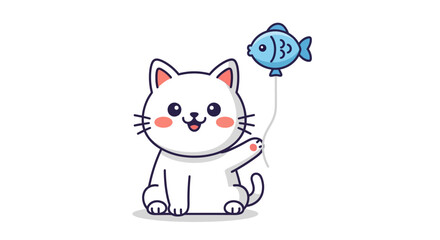 Cute smiling white kitten with a playful blue fish balloon, a sweet and simple vector illustration perfect for animal lovers and cheerful designs