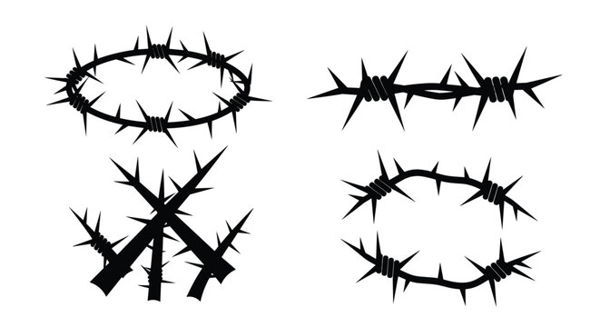 Black silhouettes of a crown of thorns and various sections of sharp barbed wire on a plain white background.