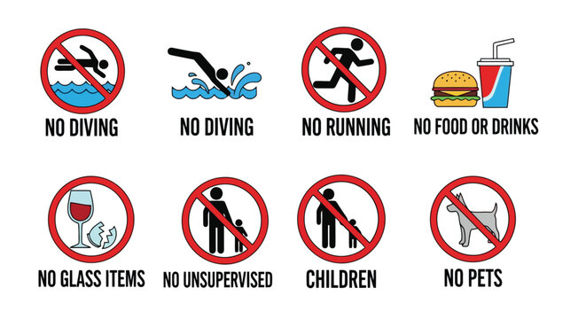 Pool Rules Signs Prohibited Actions Indicated.