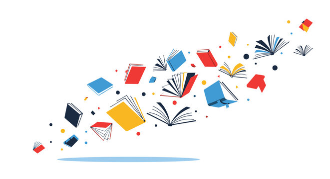 Dynamic composition of colorful flying books of various sizes on a white background for concept of reading and knowledge.