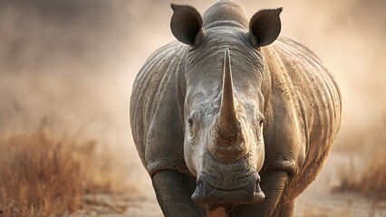 Powerful Rhinoceros Charging Forward in African Landscape at Golden Hour