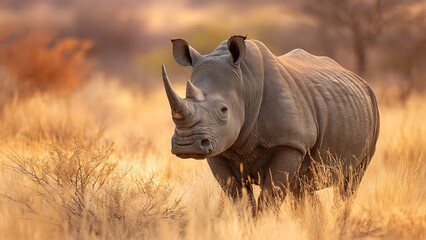 Detailed Close-Up of a Rhinoceros Standing in Golden Grassland at Sunset