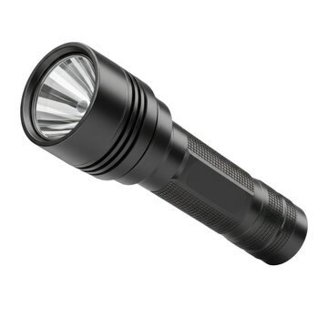 Sleek black metal flashlight with ribbed grip and reflective lens isolated on white background