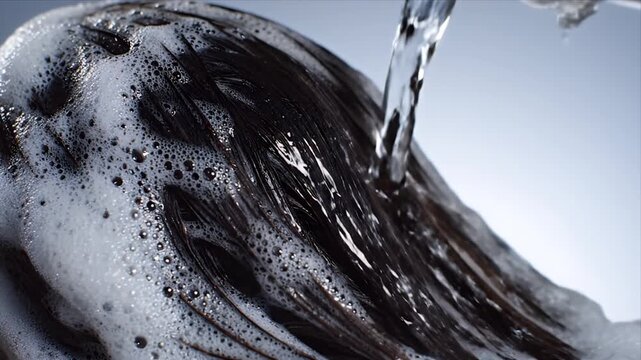 Ultra clean slow motion close up shampoo foam dissolving on dark hair against a light grey background with studio
