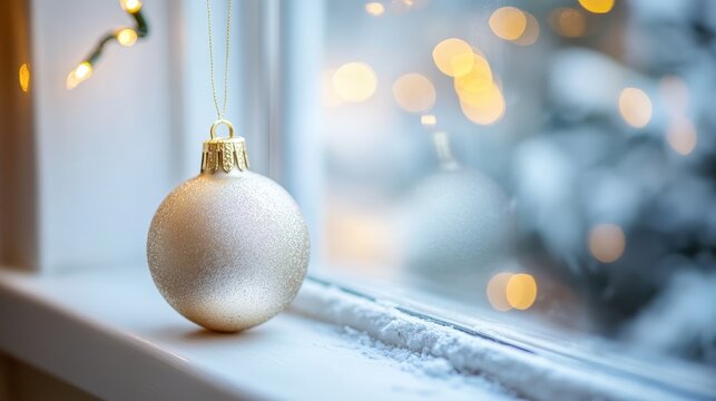 A single golden Christmas ornament with shimmering detail hangs on a frosty window sill with soft bokeh lights in the background, creating a cozy winter ambiance.
