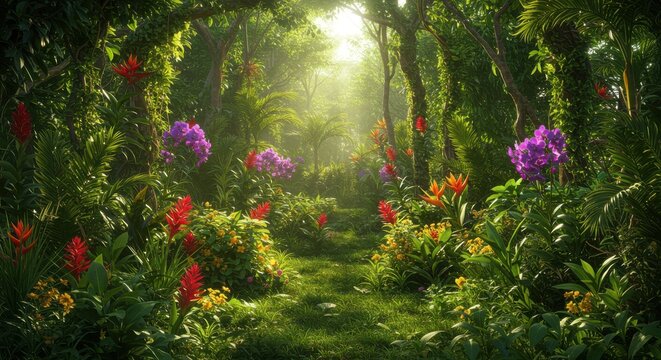 Lush Tropical Forest Path Filled with Vibrant Flowers