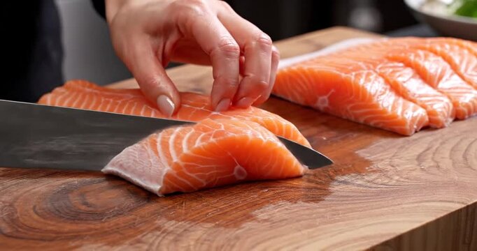 Chef skillfully slicing fresh salmon fillets on a wooden cutting board in a modern kitchen