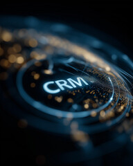 CRM in Digital Era: A luminous CRM interface glows against a backdrop of connected data streams, highlighting the core of customer relationship management in the age of digital transformation.
