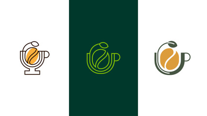 Modern Coffee Cup Logo with Coffee Bean and Leaf Icon for Cafe Branding and Packaging Design