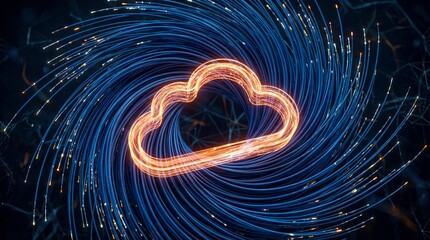 Vibrant cloud symbol formed by dynamic light trails in blue and orange hues