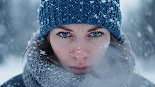 Young person portrait with blue hat and scarf in falling snow outdoors during winter season