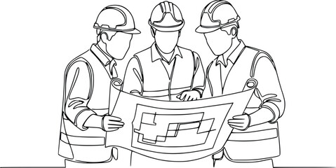 Construction Engineers Team Reviewing Blueprint Line Art Vector Illustration