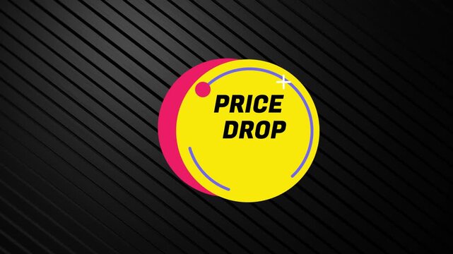 A vibrant yellow circular price drop badge featuring a prominent downward arrow and bold "PRICE DROP" text is dynamically presented as an essential visual element for advertising significant discounts