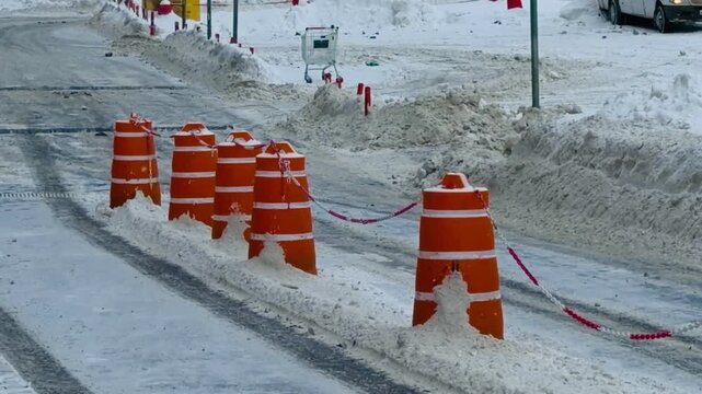 Winter driving school practice area with orange traffic cones and road signs in snow. Driving lessons and safety training at an icy outdoor circuit in the city during cold seasonal weather.
