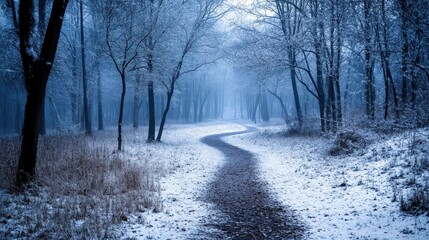 Obraz premium A quiet, snow-covered forest path winding through winter trees under soft, natural light