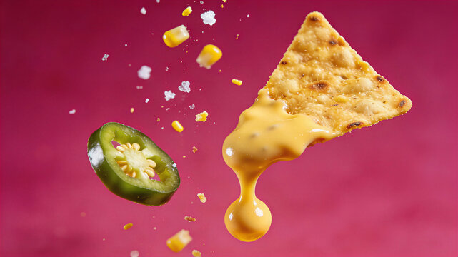 Tortilla chip with dripping cheese and green jalapeno slice. Falling corn kernels in festive arrangement. Mexican snack concept for Cinco de Mayo fiesta celebration and party appetizers