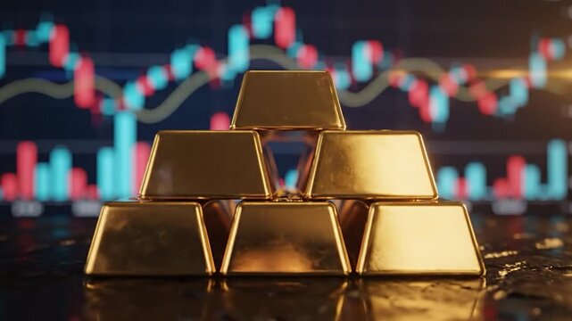 Gold bars stacked against financial stock market chart background