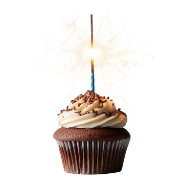 Birthday Cupcake with Sparkler on Transparent Background