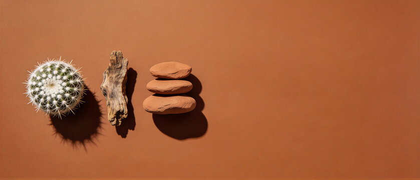 Small white cactus with spiny green texture beside weathered driftwood branch and stacked terracotta clay stones on warm orange background. Rustic desert elements for Cinco de Mayo fiesta