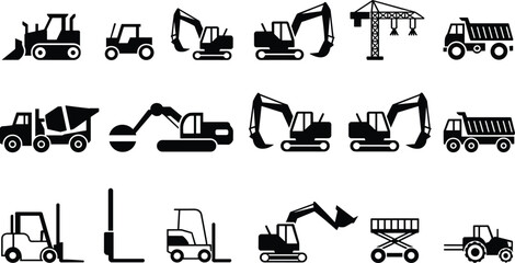 Construction vehicles silhouettes, bulldozer, excavator, forklift, crane, dump truck illustration, flat vector © Khadija Creatives