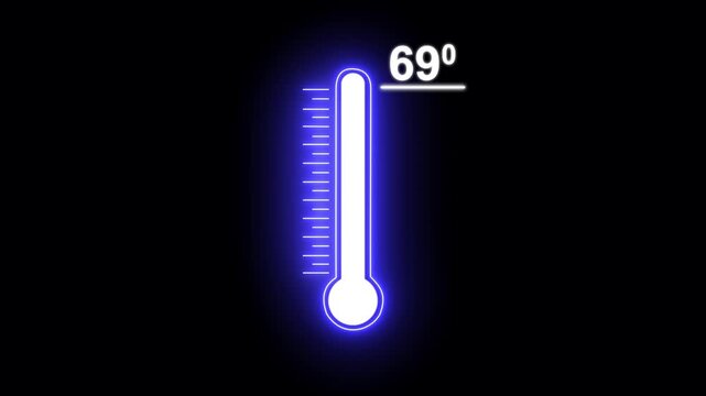 Glowing Neon celsius thermometer displayed temperature 69 degree. Thermometer equipment showing hot or cold weather. 4k video.