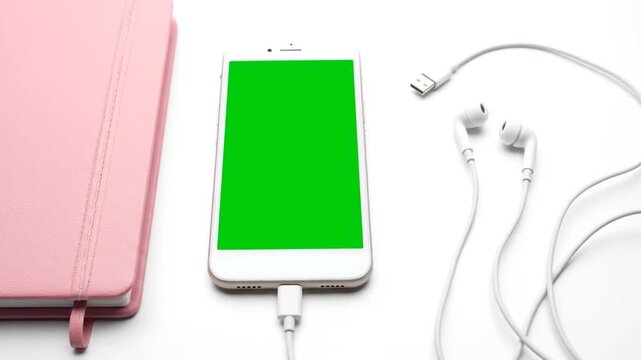 Pink Notebook with iPhone Green Screen, and Earbuds.