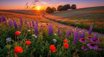 Obraz premium A vibrant, colorful field of wildflowers and poppies at sunset, with a dirt path winding through the landscape.