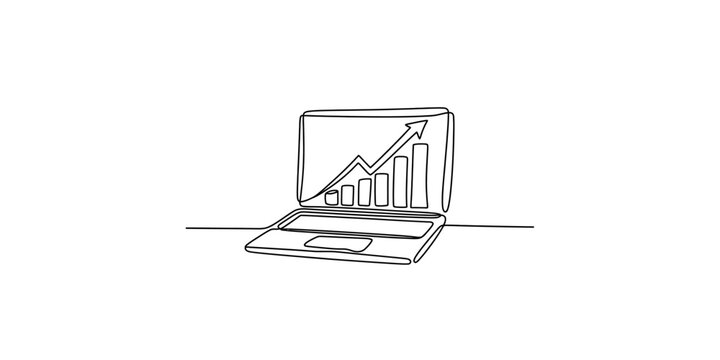 Hand-drawn sketch of a laptop displaying a rising bar chart and an upward arrow for growth Vector, illustration