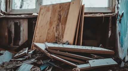 Obraz premium Construction Debris Piled in an Abandoned Building Under Overcast Urban Light