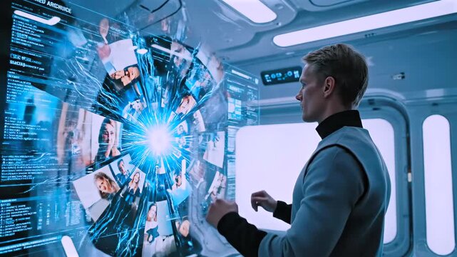operator manipulating holographic data sphere at futuristic console, gestural interface projects faces and analytics, calm concentration and digital navigation in bright cabin