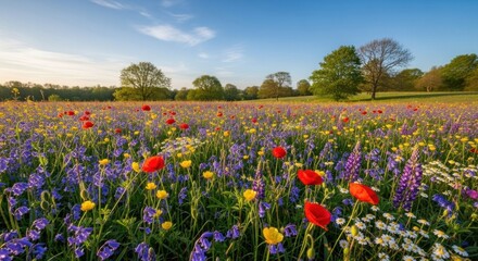 A vibrant, colorful meadow filled with wildflowers, including poppies, lupines, and daisies, under a clear blue sky with scattered clouds.