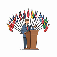 Speaker at podium with international flags.