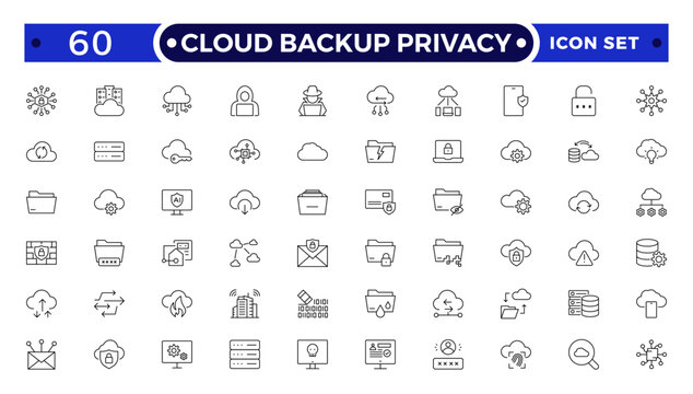 Cloud Backup Privacy outline icon set secure file transfer, FTP, wireless data, shield security, containing cybersecurity, data security, privacy protection, encryption, cloud security, firewall.