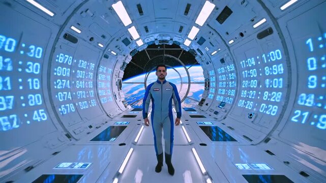 astronaut walking inside futuristic data corridor earth visible, surrounded by blue holographic numbers, illuminated consoles, sterile white panels, steady forward stride conveying mission