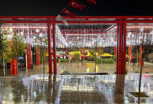 Decorations and lighting of Bakırk&ouml;y Square at rainy night in Istanbul, Turkey.