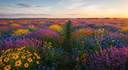 Fototapeta premium A vibrant field of colorful wildflowers with a path leading through the center, set against a beautiful sunset sky.