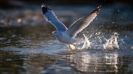 Seagull taking flight from water surface.