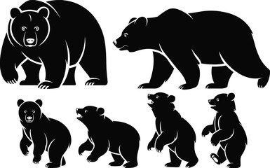 Black Bear Silhouette Vector Set Featuring Adult Grizzly and Cubs in Walking Standing and Roaming Poses for Wilderness Nature and Wildlife Logo Design © SHAPLAKHATUN
