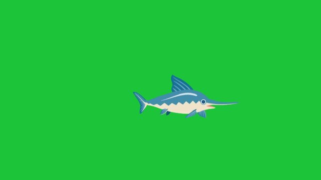 Animated stylized blue and white swordfish swims across bright green backgrounds with playful zigzag patterns fluid looping motion for marine projects
