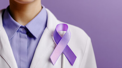 Purple ribbon awareness support healthcare professional white coat lavender background charity oncology