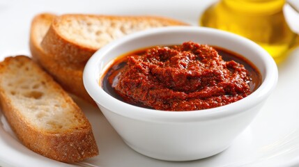 Rich Red Tapenade Dip With Crusty Bread Slices And Olive Oil In A White Bowl