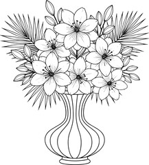 Flower Bouquet in Vase Line Art Vector Illustration with Elegant Floral Arrangement, Decorative Botanical Outline Drawing Design