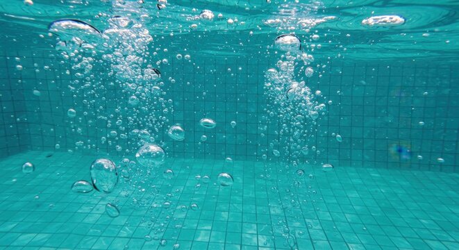Underwater View of Rising Air Bubbles in Teal Tiled Pool