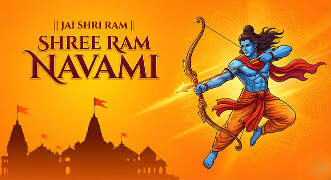 Vibrant illustration of Lord Rama celebrating Shree Ram Navami with traditional Indian temple background
