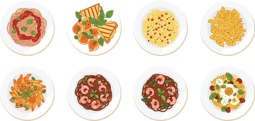 Italian Pasta Dishes Vector Set with Spaghetti, Penne, Fettuccine, Ravioli, Seafood and Cream Sauce Plates Top View Illustrations